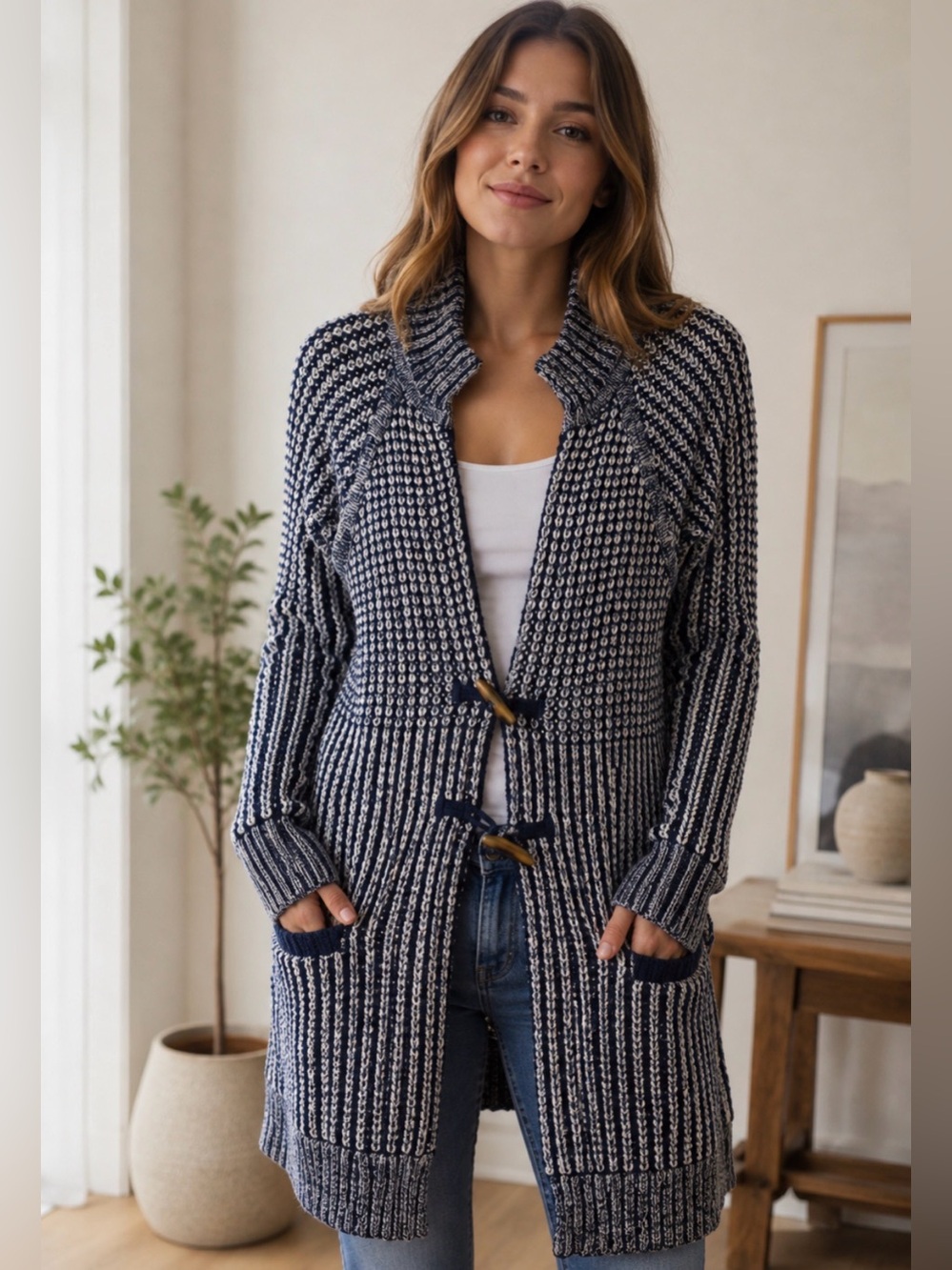 GAP 100% Cotton Blue and White Knit cardigan.